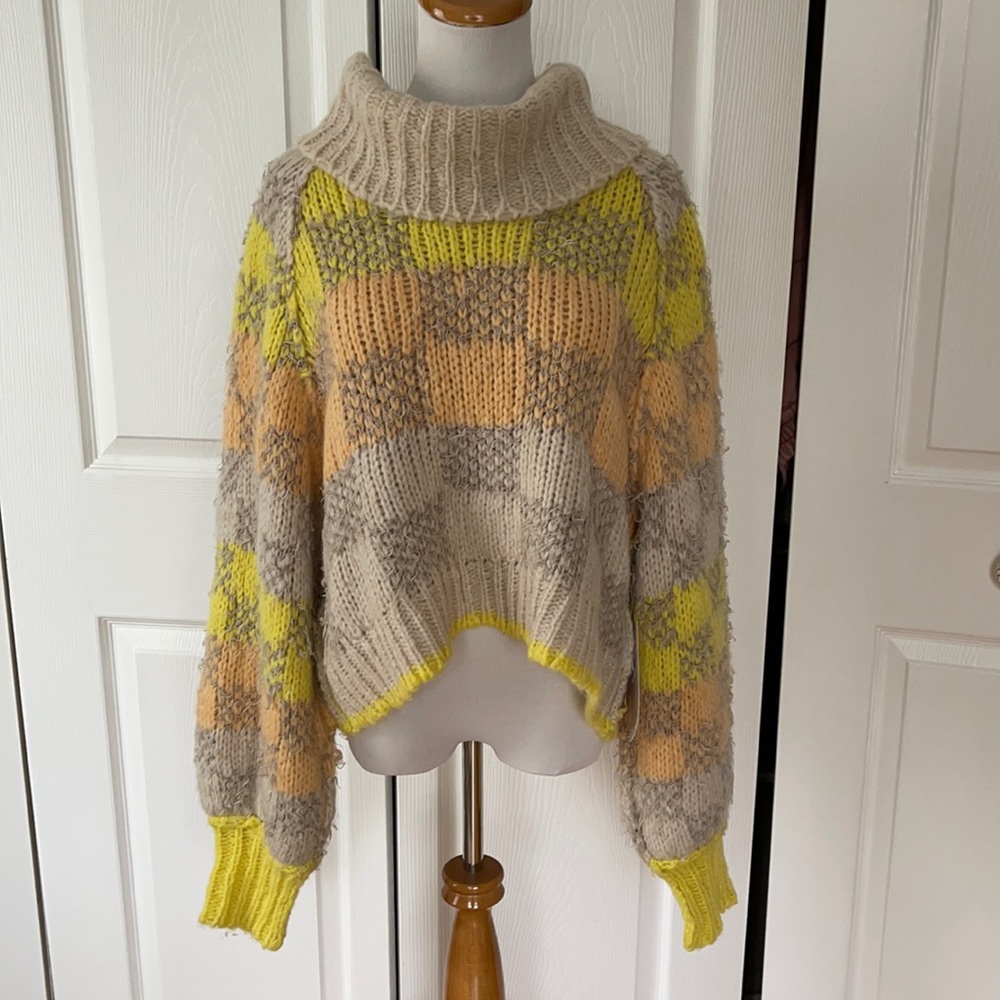 Free People Multicolor Plaid Cowl Neck Sweater